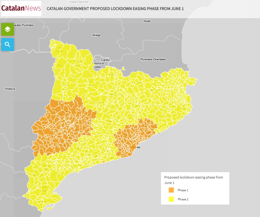 Map with the Catalan government proposal on lockdown easing phases from June 1